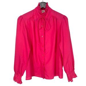 Vintage 80s Hard Pink Long Sleeve Button Up Secretary Top Small